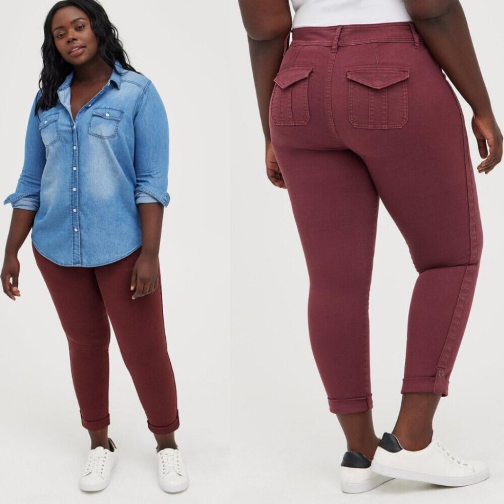 Torrid Burgundy Maroon Stretch Twill Mid Rise Aviator Skinny Crop Pants